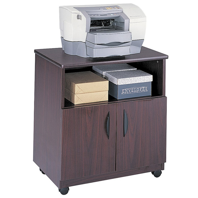 Ideal for a TV/VCR, fax, printer or copier  Constructed of 3/4in furniture-grade wood with a stain/scratch-resistant laminate finish.  4 swivel casters (2 locking) for easy mobility.  Double doors conceal a 26inW x 17 7/8inD lower compartment.  Partially open upper back for cable routing.  Assembly required.  This product is heavy and/or oversized and may need more than one person to handle.  Contains Recycled Content - See Specs for Details.