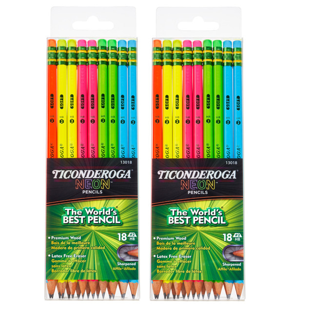 With these Ticonderoga Pencils, its easy to write notes, create lists and more. The graphite cores provide smooth lines with each stroke, and the erasers make it easy to remove unwanted marks.  Made of premium wood to help prevent breakage and allow even sharpening.  Graphite core helps deliver a smooth writing experience.  Latex-free eraser helps you correct mistakes without smudging your page.  Comes with a total of 36 neon pencils.