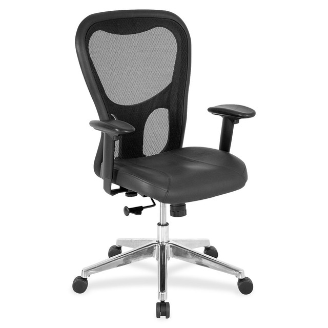 Leather and mesh make this mid-back chair cool, comfortable and stylish.  Design features breathable mesh fabric back and soft leather seat.  Waterfall seat cushion slopes slightly downward to help reduce stress on your legs.  1-touch seat-height adjustment for proper posture.  Tilt controls for ideal positioning. Adjustable tilt tension provides the proper support while you recline - adjust the recline resistance to match your body weight and strength. Lock into that relaxed position with tilt lock.  Tested to meet ANSI/BIFMA Performance Standards - Manufacturer testing has been conducted on this product to meet specific performance requirements and safety standards set forth by the American National Standards Institute (ANSI) and the Business and Institutional Furniture Manufacturers.