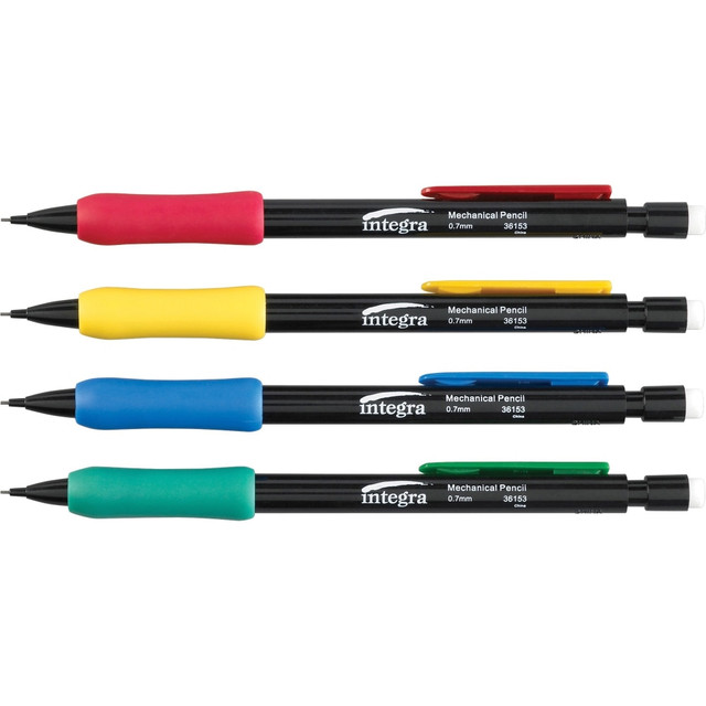 Integra mechanical pencils feature pocket clips and rubber grips in fun colors. The latex-free eraser cleanly removes lines without smudging or smearing, offering corrections to errors. Each of these pencils comes filled with 3 full length leads that are refillable.  Grip Mechanical Pencils offer pocket clips and grips in assorted colors (3 each in red, yellow, blue and green) and a black barrel.  Design features a rubber grip and latex-free eraser.  Each pencil includes 3 full-length leads and is refillable with standard lead.  Refillable 0.7 mm lead comes in each assorted barrel pencil.  Refillable - designed to be used repeatedly, helping you avoid single-use disposables and potentially save money.