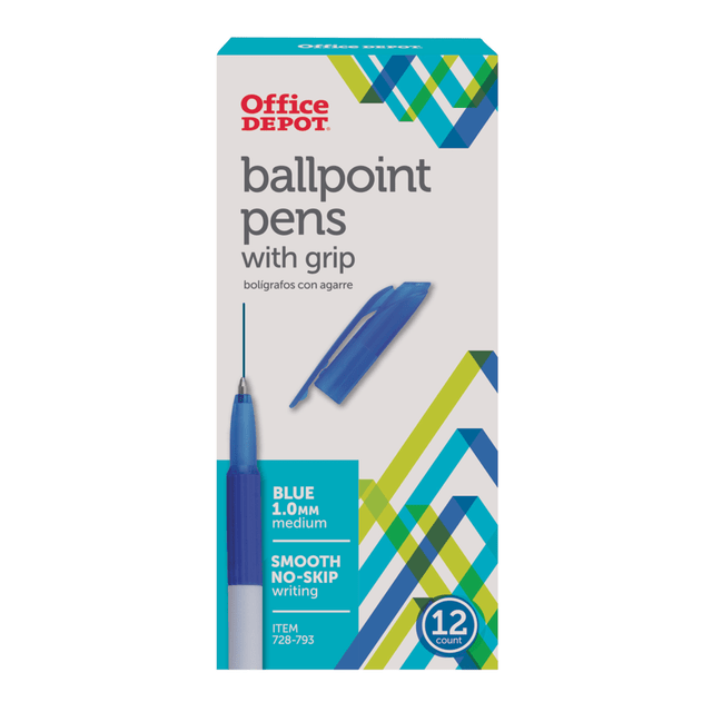 Featuring a rubberized grip, these Office Depot pens help ensure that your hands stay comfortable, even while taking notes during a long class or meeting. These grip pens can be slipped into a pocket or bag, making them easy to take with you just about anywhere during a busy day.  Nickel silver tip for a smooth writing experience.  1.0 mm medium point delivers bold, precise lines.  Handy pocket clip for hands-free carrying.  Nonrefillable.  These white-barrel/blue-ink pens are ideal for everyday note-taking.  Includes 1.0-mm/medium-point grip ballpoint pens (pack of 12).