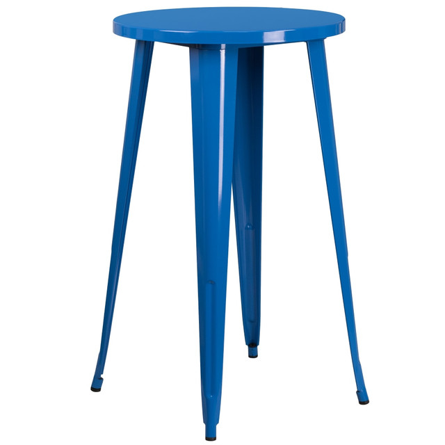 Create a unique dining experience in your dining room, kitchen or restaurant with colorful metal bar tables.  Metal Cafe Bar Table  Top Size: 24in Round  Base Size: 21.25inW  Smooth Top with 1.25in Thick Edge  Powder Coated Frame Finish  Brace underneath top provides extra stability  Protective Rubber Floor Glides  Designed for Indoor and Outdoor Use  Designed for Commercial and Residential Use
