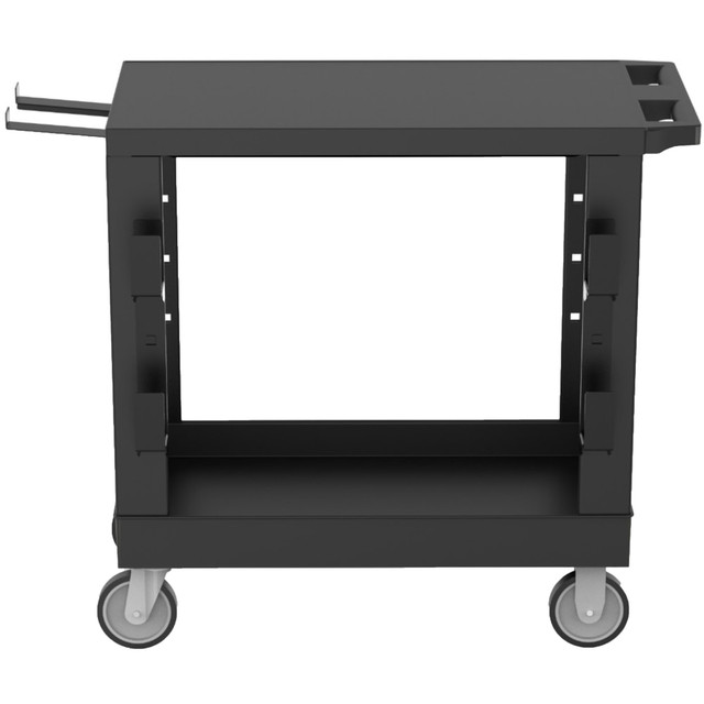 Store all of your items in 1 place with the LUX heavy-duty industrial cart. This storage cart was constructed from high-density steel for long-lasting durability and scratch resistance. Each cart includes 4 wheels for easy transport from room to room.  Constructed from high-density steel for rust, dent and scratch resistance.  Includes 2 shelves to secure items.  Steel-reinforced high-density polyethylene shelves for durability.  Rolling cart includes 4 wheels that swivel, 2 that lock.  Ergonomic push handle molded into the top shelf for maneuverability.  Includes a ladder hook set, repositionable side bracket set and a movable spool holder set.  Weight capacity tested to support 600 lb.  Assembly required.  Sleek black design.