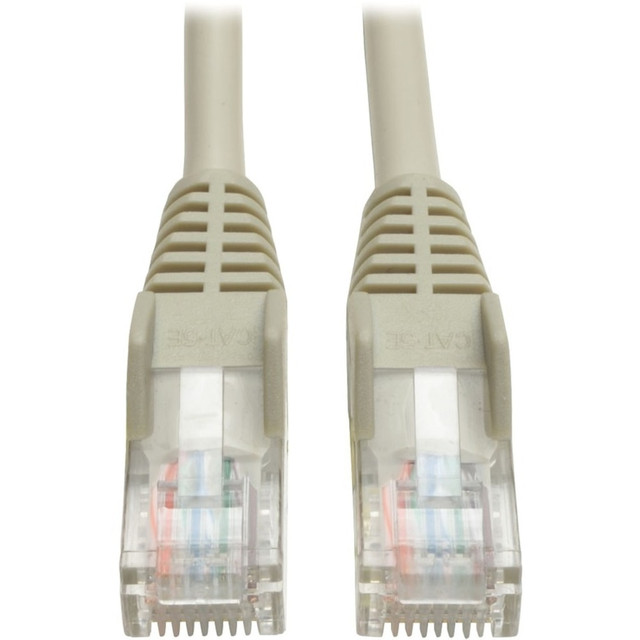 Tripp Lites 4.57 m (15-ft.) grey snagless category 5e (Cat5e) patch cable has 2 snagless RJ45 molded male connectors featuring integral strain relief. The cable is manufactured from PVC 4-pair stranded UTP and is rated for 350MHz/1Gbps communication. All cables are offered in a variety of lengths and colors for all category 5 (Cat5) and 5e cabling needs. Standard category 5e patch cables are also available.   IEEE 802.3ab  PVC 4-pair stranded UTP  All cables feature boots with integral strain-relief and RJ45 (Male) connectors  Premium cabling for Category 5 and 5e applications-rated for 350 MHz/1 Gbps communications