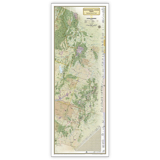 Expertly researched and designed, National Geographics map of the Continental Divide Trail is ideal for fans and hikers of this magnificent National Scenic Trail. It makes a great planning tool or as reference to track progress on the 3,100 plus mile length.  This beautiful map shows the entire length of the trail from Mexico to Canada through New Mexico, Colorado, Wyoming, Idaho, and Montana.  A unique elevation profile highlights the trails peaks and valleys, and an informative mileage chart shows the distance between key locations.  Also highlighted on this map are passes, peaks, national forests, national parks, state parks, and Indian reservations.  Additional points of interest include lodges and campgrounds near the trail.The map is packaged in a full color box designed for gift giving.  The box includes a large image of a section of the map inside and details including size and scale.  Measures 18in x 48in.
