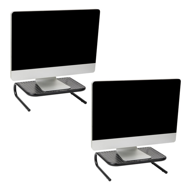 Ergonomic, Ventilated Dual Monitor Stands Improve your workspace ergonomics and save space with two portable monitor stands. These stands are perfect for your computer monitor, flat-screen TV, or laptop, offering a balance of convenience, height, and durability. Each stand weighs just 3 lbs (1.36 kg) for easy portability, and the sturdy metal construction supports daily use with a weight capacity of up to 33 lbs. (15 kg). Engineered with a ventilated design, these stands allow your devices such as laptops to breathe, effectively reducing the risk of overheating. Additionally, non-slip feet ensure your stand and devices remain securely in place. By elevating your monitor to eye level, these stands can help alleviate stress on your neck and back, preventing discomfort caused by prolonged periods of crouching or bending over a low-set screen. The ample room underneath can be utilized to store office supplies, papers, folders, and more, promoting an organized workspace. Ideal as a gift for recent graduates heading off to dorm rooms, housewarmings, holidays, and more, this set of two monitor stands offers the perfect solution for improving workspace ergonomics while keeping your work area tidy. Keep one for yourself and gift the other, or utilize both for a dual-screen setup.  Versatile functionality: This monitor stand has a weight capacity of 33 lbs. (15kg) and is designed to accommodate various devices, including standalone monitors, small televisions, and laptops, making it a versatile solution for different setups  Portable and adaptable: Whether you are working in your home office, office, or dorm room, this monitor stand is lightweight and easily portable, allowing you to set it up wherever you need it  Sleek and modern design: The ergonomic metal design of the stand adds a touch of style to your workspace, and its open grid design promotes airflow to keep your electronics cool and prevent overheating  Sturdy and easy to maintain: Made from durable materials, this stand is built to last and can be easily cleaned with a damp cloth and mild dish soap, ensuring it remains in top condition  Optimal dimensions: With measurements of 14.5 inches long x 11.25 inches wide x 4.25 inches tall (36.8 x 28.6 x 10.8 centimeters), this stand fits perfectly on any desk or surface, providing a practical and space-saving solution
