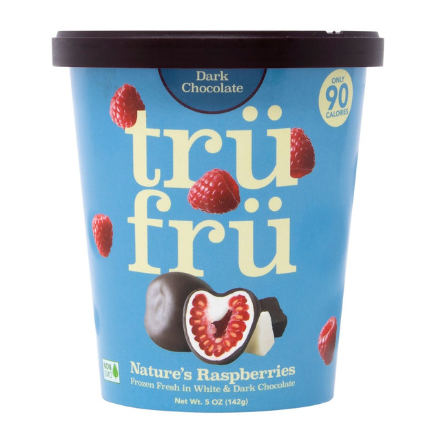 Enjoy a healthy snack with Tru Fru Natures Raspberries Frozen Fresh In White & Dark Chocolate. Berries are coated in white or dark chocolate for a sweet treat.  Frozen raspberries are coated in white and dark chocolate.  Non-GMO, gluten-free, trans fat-free.  Made without artificial flavors or colors.  Boasts a 24-month shelf life.