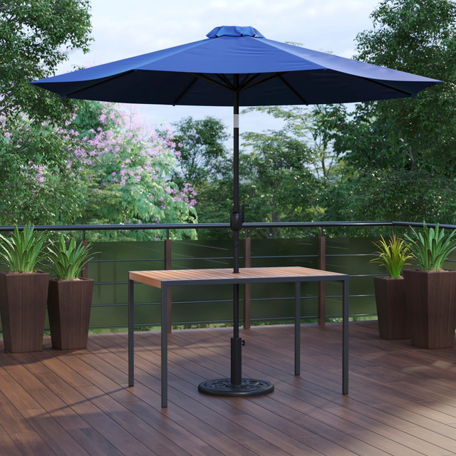 Update your outdoor entertainment area with a Flash Furniture Lark 3-Piece Outdoor Patio Table Set. This dynamic set includes a square slatted table with a sturdy powder-coated steel base for strength. The included umbrella can be tilted with a button for custom shading.  Includes a square patio table, umbrella and base.  Faux teak table boasts an umbrella hole.  Slatted top surface.  Powder-coated steel frame offers strength.  Umbrella features a 30+ UV-treated polyester vented top that withstands light breezes and rain.  Offers a smooth crank motion and 33 deg. push button tilt for custom shading.  Durable 30 lb cement-filled base holds umbrellas up to 10' wide.  Plastic covering helps to resist rot and weather damage.  Weight capacity tested to support 300 lb.  Assembly required.  This product is heavy and/or oversized and may need more than one person to handle.