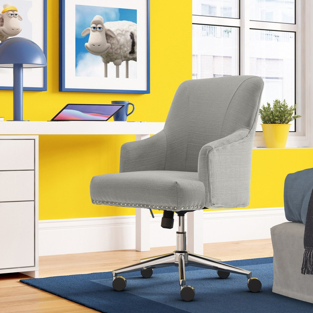 Stylish looks and a cushioned feel combine to turn this chair into an office favorite. The built-in casters let you quickly move to the printer to pick up a document and back to your desk without standing up.  Overall Dimensions: 37 3/4inH x 24inW x 27 1/4inD.  Weight capacity tested to support 250 lb.  Lumbar feature supports your lower back and enhances the natural curve of your spine.  Waterfall seat cushion slopes slightly downward to help reduce stress on your legs.  Memory foam cushioning and fabric upholstery help you stay comfortable during a long afternoon.  Pneumatic adjustment helps you find the right height with just a touch of the lever.  Adjustable tilt angle lets you achieve a comfortable sitting position.  Built-in arms provide added support.  Chrome-finished base offers a bit of style, while the casters enable 360 deg. mobility.  Assembly required.  Tested to meet ANSI/BIFMA Performance Standards - Manufacturer testing has been conducted on this product to meet specific performance requirements and safety standards set forth by the American National Standards Institute (ANSI) and the Business and Institutional Furniture Manufacturers.