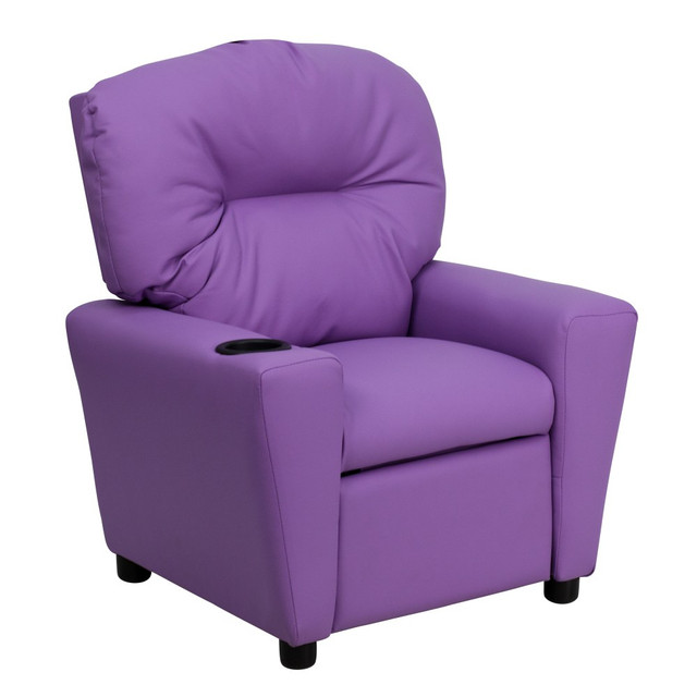 Add a fun, cozy touch to your childs play area or movie room with the Flash Furniture Contemporary Kids Vinyl Recliner Accent Chair With Cup Holder. A padded seat and back offer lasting comfort, while the reclining design offers ample relaxation. An integrated cup holder houses drinks and snacks.  Overall Dimensions: 28inH x 24-1/2inW x 39inD.  Weight capacity tested to support 90 lb.  Solid hardwood frame.  Vinyl-upholstered padded back and seat.  Made with CAL 117 fire-retardant foam.  Padded armrests offer comfort.  Cup holder built into 1 armrest.  Child must be in the seated position and pull ottoman 1in out before the back reclines.  Kids recliner requires 6in of wall clearance.Spot clean with a water-based cleaner.  Assembly required.