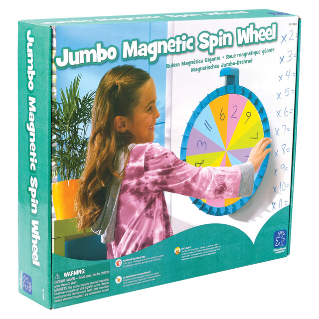 Large spinning wheel lets you create fun games for the classroom  Transform your whiteboard into an interactive, whole-class game space!  Simply place the spinner on your whiteboard and use your dry-erase markers to create games and activities you need-the possibilities are limitless.  From a classroom management tool to subject-specific games, the Jumbo Magnetic Spinner gets kids on their feet and participating.  Includes jumbo 16in magnetic wheel, 3 double-sided write-on/wipe-off cards, teacher guide with 16 classroom management, math, language arts, readiness, and other activity suggestions.  Remote learning from anywhere is easier with the right essentials.