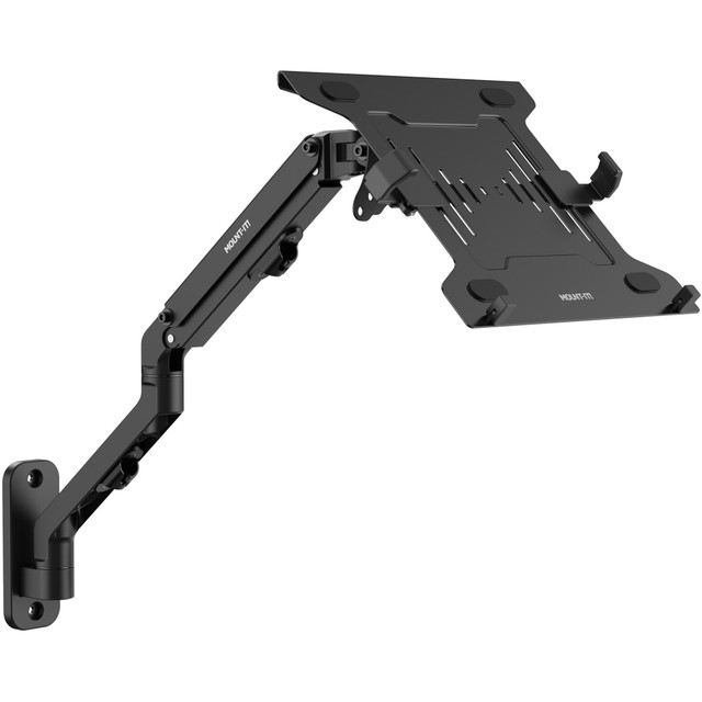 Keep the Mount-It! Counterbalance Steel 15.6in Laptop Arm for Wall and Pole Mounting in your office. This laptop arm is made of durable steel and is supported by a spring-assisted design to smoothly raise or lower your laptop. The integrated cable management helps keep your cords neat.  Durable steel construction.  Helps create a floating workstation.  Laptop platform is supported by a spring-assisted arm that allows you to smoothly raise or lower your laptop.  Up to +/-180 deg. swivel, Extension: 3.5in - 21.8in,  and +90 deg./-45 deg. tilt let you adjust your laptop as required.  Integrated cable management keeps your cords organized.  Pole or wall mounting options to suit your workspace setup.  Fits small to medium sized laptops between 10in and 15.6in.  Weight capacity tested to support up to 15.4 lbs (spring arm), 9.9 lbs (laptop tray)