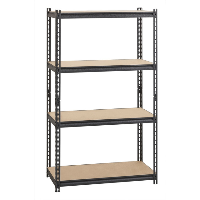 Simple assembly with boltless design  High capacity: 2,300 lb. evenly distributed weight  Riveted steel frame with durable powder-coat finish and particleboard shelving  Vertical or horizontal setup  Reliable, sturdy storage for your heaviest supplies  Contains Recycled Content - See Specs for Details.