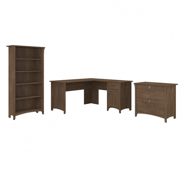 The casual comfort of the Bush Furniture Salinas 60W Desk with Cabinet and Bookcase fits your cottage, family home or apartment. Intricate wood details and elegant hardware give the desk a relaxing country feel. This home office set includes a 5 Shelf Bookcase and Lateral File Cabinet to keep your space organized.  Bundle Includes: 60inW L Shaped Desk, Lateral File, 5 Shelf Bookcase.  Assembled Dimensions: 60inW x 60inD x 63inH  Constructed of laminate over engineered wood.  Elegant metal drop pull hardware finished in Tumbled Pewter.  Space-saving L Shaped Desk design offers ample workspace and can be placed in a corner.  Desktop weight capacity tested to support up to 200 lb.  Box drawer holds small items including writing utensils, notepads, checkbooks and other home office supplies.  Storage cabinet with adjustable shelf conceals reference materials, printer paper and miscellaneous items.  Lateral File Cabinet drawers glide on smooth full-extension ball-bearing slides for an easy reach to letter and legal-size files.  Lateral file drawer weight capacity tested to support 50 lb.  Bookcase contains 3 adjustable shelves for storage and display flexibility with 2 fixed shelves for stability.  Tapered legs, curved base rails, decorative wood details and vertical accents inspired by timeless Mission style.  Bush L Shaped Desk meets ANSI/SOHO test standards for safety.  Assembly required.  Standard Delivery Service. Furniture is delivered unassembled.  This product is heavy and/or oversized and may need more than one person to handle.