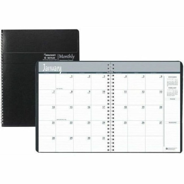 Appointment planner helps you keep track of your monthly schedule. Dated planning pages range 14 months from December to January. Two-page-per-month spreads include ruled daily blocks (2-1/8in x 1-7/8in), Sunday-through-Saturday scheduling, ruled section for phone numbers, ruled block for reminders, holidays, count of days/days remaining and a past and future months reference. Reference pages include time zone map by state, future planning section, plus three full calendar years and corresponding holidays/important dates. Planner is printed using 100 percent post-consumer recycled paper and soy ink.