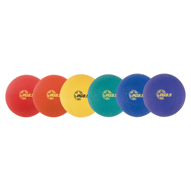 Set of 6 (1 of each) Green, Orange, Purple, Red, Royal Blue and Yellow  Nylon wound for improved durability and shape retention  2-Ply cover for a soft exterior  8.5in D  Soft, bouncy nylon ball is versatile enough for numerous playground games