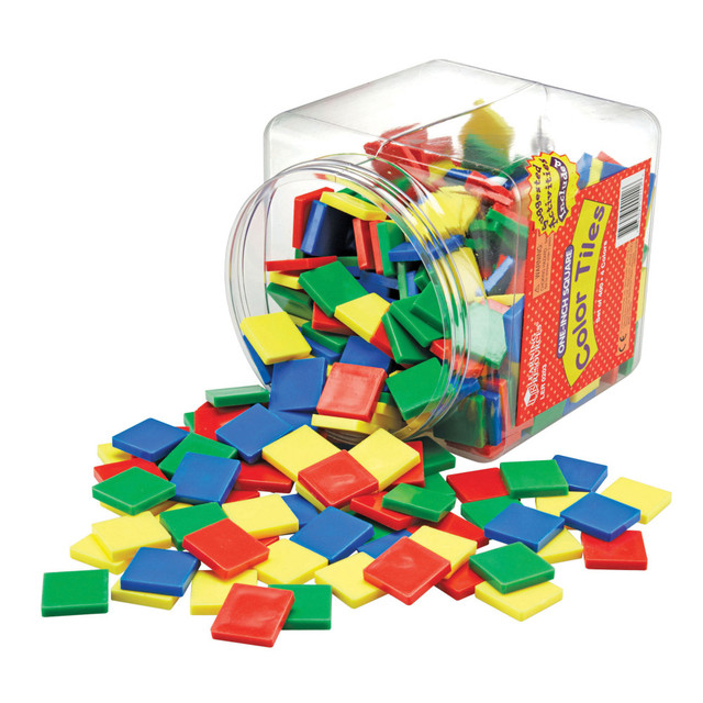 Use plastic tiles to build models of math concepts. Students develop basic arithmetic skills and explore color and number patterns.  1in plastic tiles come in blue, green, red and yellow.  A helpful Activity Guide is included to help students build patterns.  Tiles come packaged in a clear storage canister for convenience.