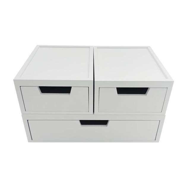 Manage desk clutter with help from these Martha Stewart Weston Stackable Boxes With Drawers. The boxes come in 2 sizes and feature cutouts to let you open and close them with ease.  Drawers feature trapezoidal-shaped cutouts to allow easy opening and closing.  Stackable to save counter space.  Wipes clean with a dry cloth.  Comes with a 3inH x 12-1/2inW x 6-3/4inD box and 2 smaller boxes.