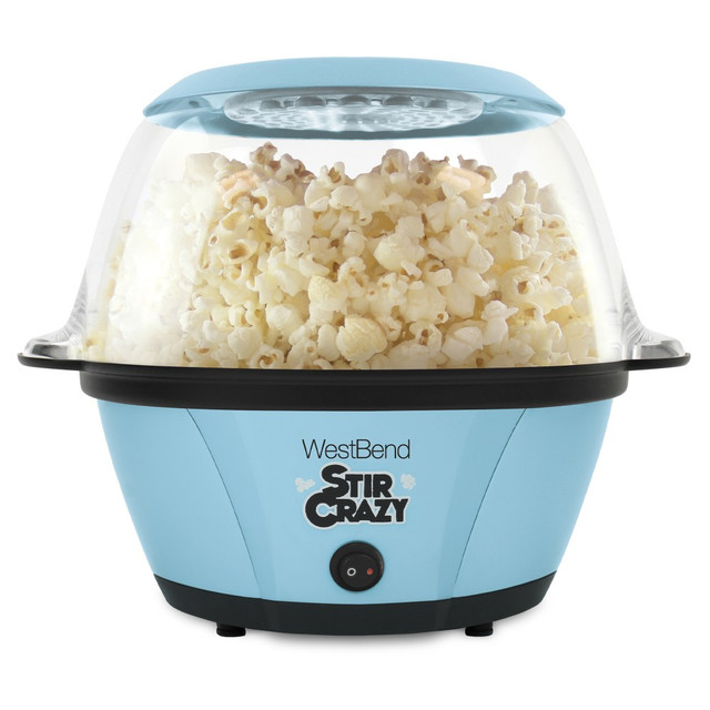 Make delicious traditional oil-popped, stirred popcorn at home with this West Bend 6-Quart 850W Popcorn Maker. This practical popcorn maker features a clear cover that can be used as a serving bowl.  Stir rod technology keeps kernels moving to prevent burning.  Clear cover can be used as a serving bowl.  Butter melting well in the cover butters popcorn as it pops.  Unique ventilation releases moisture for tasty, crunchy popcorn.  Operation is simple with 1-touch on/off switch.  Space saving design with onboard cord wrap and nesting storage.  Backed by the manufacturers 1-year limited warranty.