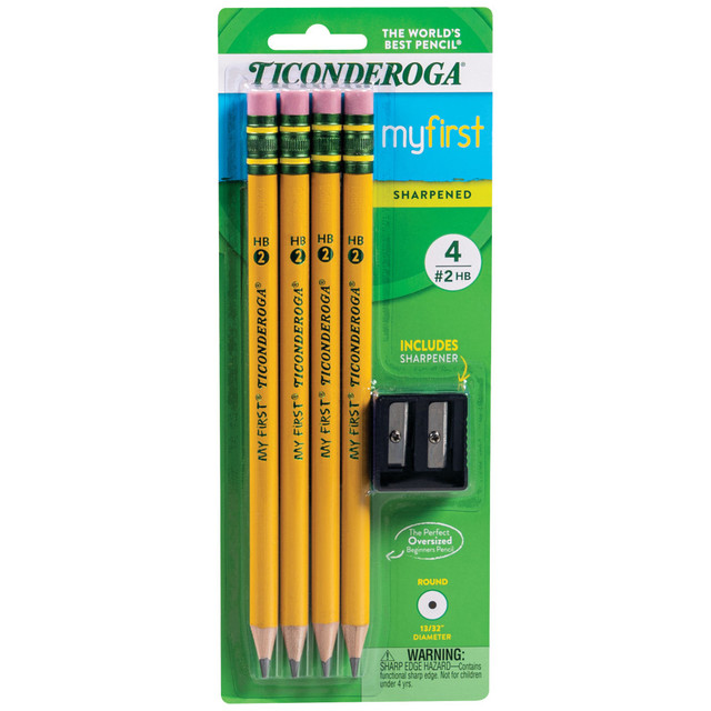 You will always remember your first Ticonderoga, so provide your students or children with that memorable quality.  Designed to make learning to write comfortable and frustration-free for little hands.  These larger diameter  My First Ticonderoga # 2 HB pencils are preferred by teachers for early years writing development.  The larger size diameter (13/32in) and smooth outer casing make it easier for little hands to hold.  My First Pencil is preferred by teachers and can assist children in the early stages of writing development.  Pre-sharpened for immediate use.  #2 graphite writes smoothly and cleanly.  Latex-free eraser cleanly rubs out errors.  10.3 mm diameter for strong, bold lines.  Graphite core is PMA-certified non-toxic.  Pack of 4 pencils plus sharpener.  ACMI Certified AP Nontoxic. For detailed information see www.acmiart.org.  Less harsh chemicals - made with fewer harsh chemicals, or safer chemicals than typical alternatives, helping  reduce your use of and exposure to substances that may be more harmful to your health and the environment.