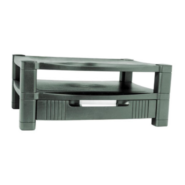 Two-Level Monitor Stand with drawer adjusts in height from 3in to 6-1/2in in 1-1/4in increments.  Offers extra-large 17in x 13-1/4in sturdy platform.  Wide design suitable to dock or support todays larger laptop computers.  Maximizes work space while raising your monitor or laptop to a comfortable viewing level.  4 USB Hub to attach all your USB peripherals.  Includes removable drawer to organize your paper, supplies, files and more.  Cable management.  Contains Recycled Content - See Specs for Details.