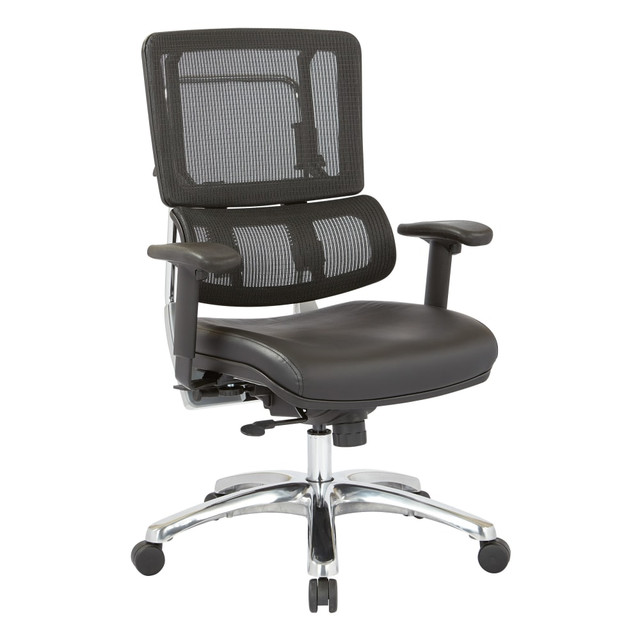 Your work space needs a stylish, yet functional chair in order to help you truly perform at your best. This swivel chair is designed with a mesh back to keep your cool and features plenty of adjustable functions to customize it to your needs.  Overall Dimensions: 41 1/2in to 44 3/4inH x 25 1/4inW x 25 1/2inD.  Weight capacity tested to support 300 lb.  Nylon and polyester seat with a breathable mesh back for immense comfort.  Lumbar feature supports your lower back and enhances the natural curve of your spine.  Height-adjustable seat moves to fit your desk height. Back height can be adjusted and features a dual steel frame post.  2-to-1 Synchro tilt control with a 3-position lock angles the seat where you want it. Features a seat slider for additional adjustments.  Steel frame is dependable and strong.  Swivels to face in all directions.  Assembly required.  Tested to meet ANSI/BIFMA Performance Standards - Manufacturer testing has been conducted on this product to meet specific performance requirements and safety standards set forth by the American National Standards Institute (ANSI) and the Business and Institutional Furniture Manufacturers.  This product is heavy and/or oversized and may need more than one person to handle.