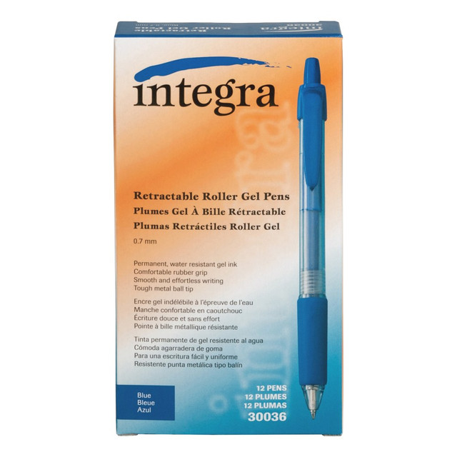 Make sure you are prepared for meetings and other important daily events with a pack of these medium-point gel pens. Like a fountain pen or multicolor pen, these writing utensils deliver a beautiful spread of ink on the page.  Medium points offer strong, distinct markings.  Water-resistant, gel-based ink offers nearly effortless writing.  Retractable design helps prevent stains.  Rubber grip feels good in your hand.  Nonrefillable.  0.7 mm blue pens help you get your thoughts in order.  Integra pens in a 12-pack for everyday use.