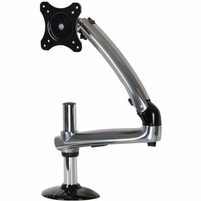 Accommodates different monitor weights ranging from 8.4 to 17.8lb (3.8 to 8.1kg)  Articulating arm allows monitor to be adjusted to the perfect ergonomic position to help reduce eye, back and neck strain  Smooth and effortless arm movement provided by bushings at all pivot points  Expertly finished polished aluminum arm and black base with chrome pole  Monitor can be positioned anywhere from 0.25in to 18.50in (6 to 470mm) above the desktop surface measured at the center of the adaptor  Compatible with VESA 75 x 75mm and 100 x 100mm mounting patterns  Integrated cable management provides clean, professional installation finish  Clamp stlye mounting base accommodates a desktop or counter thickness of 0.2in to 2.2in (5-55mm) thick