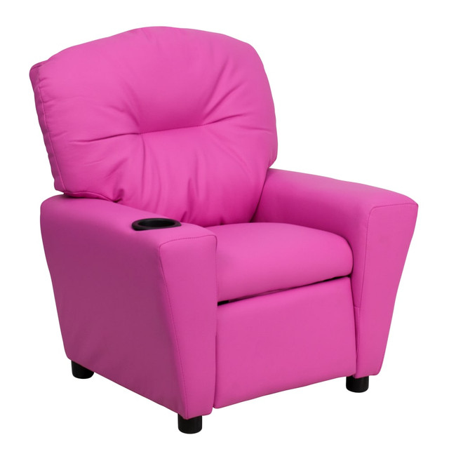 Add a fun, cozy touch to your childs play area or movie room with the Flash Furniture Contemporary Kids Vinyl Recliner Accent Chair With Cup Holder. A padded seat and back offer lasting comfort, while the reclining design offers ample relaxation. An integrated cup holder houses drinks and snacks.  Overall Dimensions: 28inH x 24-1/2inW x 39inD.  Weight capacity tested to support 90 lb.  Solid hardwood frame.  Vinyl-upholstered padded back and seat.  Made with CAL 117 fire-retardant foam.  Padded armrests offer comfort.  Cup holder built into 1 armrest.  Child must be in the seated position and pull ottoman 1in out before the back reclines.  Kids recliner requires 6in of wall clearance.Spot clean with a water-based cleaner.  Assembly required.