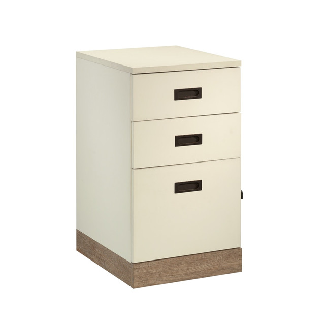 Keep your office space organized with the addition of a Sauder Dixon City 19inD Vertical 3-Drawer Mobile File Cabinet. The locking lower drawer secures letter-size hanging files when you are away from your desk.  Strong, lightweight engineered wood panel construction.  Boasts 2 small drawers with metal runners and safety stops.  Locking lower drawer holds letter-size hanging files.  Hidden casters offer easy mobility.  Vertical file cabinet is finished on all sides for versatile placement.  Assembly required.