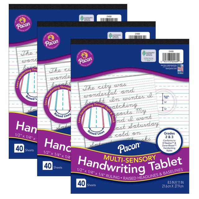Help students stay within the lines thanks to Pacon Multi-Sensory Raised Ruled Tablets. A raised blue headline and red baseline guide children through both sight and touch as they learn to write neatly.  Heavy chipboard backing and printed cover offer long-lasting durability.  Ruled paper boasts raised blue headlines and red baselines to help students stay within the lines.  1/2in ruling, 1/4in dotted midlines and 1/4in skip spaces support d-Nealian and Zaner-Bloser handwriting styles.