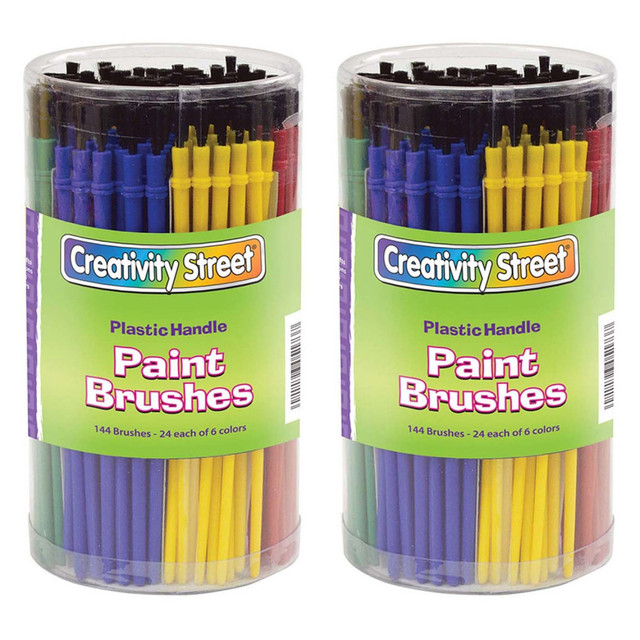Refill your art supplies with the Creativity Street Economy Brush Classroom Packs. The plastic handles offer a firm, comfortable grip, while the blunt-tipped synthetic bristles ensure lasting use.  Plastic handles provide a firm grip.  Blunt-tipped synthetic bristles ensure durability.  Each pack contains 24 each of 6 different colors: blue, green, orange, purple, red and yellow.  Contains 2 packs for a total of 288 brushes.