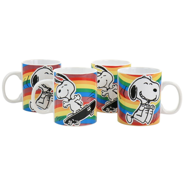 Enjoy a cup of coffee or another hot beverage with this Gibson Peanuts 70th Anniversary 4-Piece Mug Set. This set is made from durable stoneware for lasting use.  Made from stoneware material.  Illustrated Snoopy character design.  Microwave and dishwasher safe.