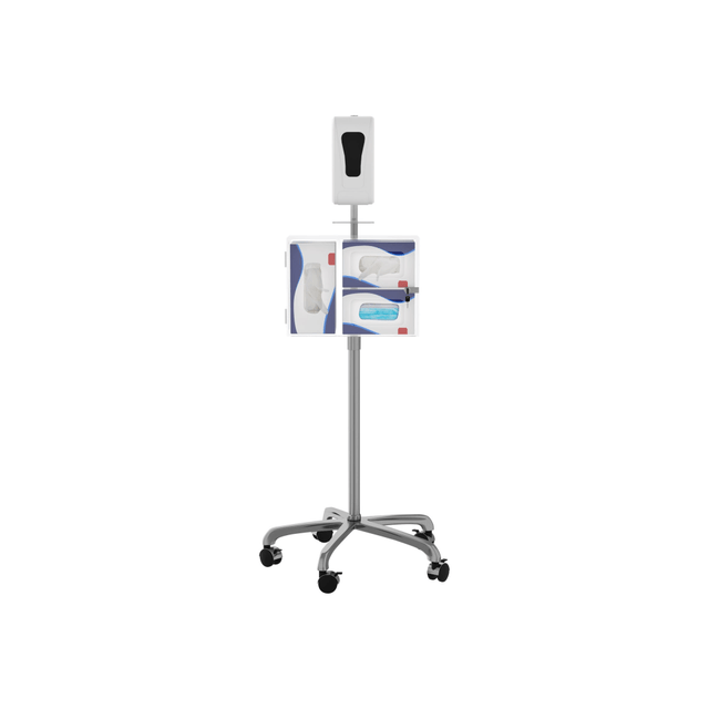 Make any public environment protected and safe with CTA Digital's Heavy-Duty Mobile Sanitizing Station with Automatic Soap Dispenser. This ultra-durable floor stand accompanied by an acrylic glove & mask station has two slots for different size gloves and a bigger opening for masks to be hygienically pulled out by customers. The contactless automatic soap/hand sanitizer dispenser is a must have for any business. It dispenses exactly the right amount without any waste, while letting you see when it's time for a refill through its transparent level checker. Five swivel casters attach to the chrome-plated stand base makes moving this stand a breeze.