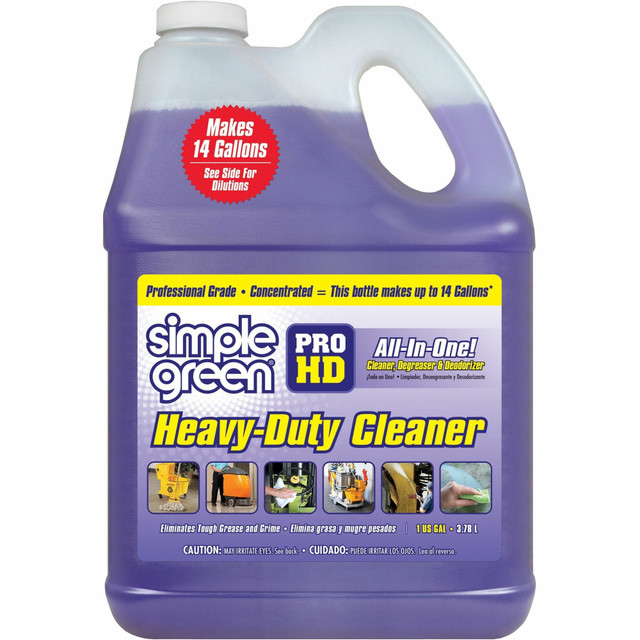 Add Simple Green Pro HD Heavy-Duty Cleaner to your cleaning routine. The formula effectively breaks down grease and grime from a variety of surfaces, including metal. As a liquid concentrate, the cleaner can be used to make several gallons.  Powerful liquid concentrate solution.  Breaks down tough grease, grime and oil stains.  Ideal for professional applications.  Recommended for floors, metal surfaces, heavy equipment and more.  2 bottles of cleaner/degreaser per box.