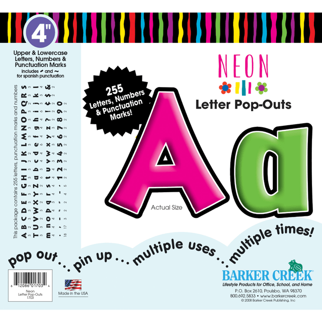 Barker Creek Letter Pop-Outs add a splash of color and creativity to the classroom. They are perfect for decorating bulletin boards, displays and posters.  Includes a well-researched assortment of letters, numbers and punctuation marks. Also includes Spanish punctuation marks.  Recommended for students of all ages.