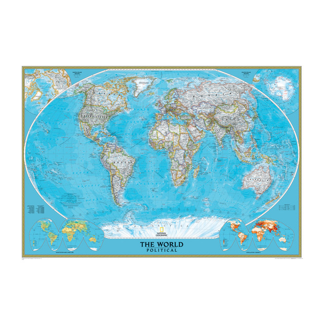 Oversize map helps kids visualize the world  Mural-size world map shows kids continents, oceans and other geographic features.  Utilizes Winkel Tripel projection that helps to minimize distortion of land masses that are near the poles.  Shows prevailing winds and ocean currents, as well as subtle border coloring on land.  Separate insets highlight North and South Polar regions, world vegetation and land use and world population density.  Oversize design measures 76 1/2in x 110in, so kids can see every area in great detail.
