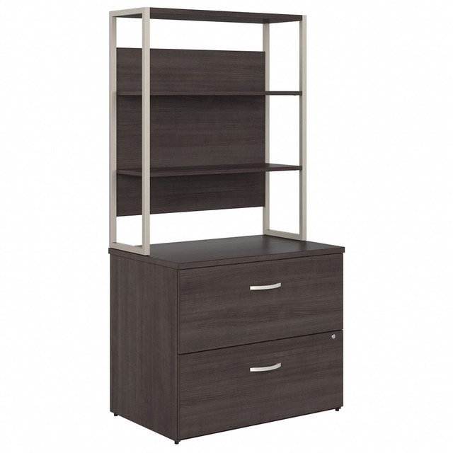 The Hybrid 2-Drawer Lateral File Cabinet with Shelves presents a commercial-quality office storage solution with style that appeals to the modern professional. Organize paperwork, reference materials and more with a bookcase file cabinet.  Bundle includes: 2-Drawer Lateral File Cabinet, 36inW Bookcase Hutch.  File drawers open on smooth full-extension ball bearing slides for an effortless reach to letter-, legal- and A4-size paperwork.  Filing cabinet features a single lock that secures both drawers to protect sensitive information.  Open shelves are perfect for organizing books or brightening up your space with pictures and decorations.  Thoughtfully designed for maximum stability and includes hardware to anchor the Lateral File Cabinet with Shelves to a wall.  Each drawer can hold up to 88 lb of materials while shelves support up to 50 lb each.  Available in your choice of Black Walnut, Modern Hickory, Platinum Gray, Storm Gray and White finish options.  See the full line of Hybrids modern office furniture, including Desks, Storage Cabinets and Mobile File Cabinets.  Backed by the Bush Furniture 10-Year Manufacturers Warranty. For additional information, please visit http://www.bushfurniture.com/ReturnsExchanges.aspx  Assembly required.  Standard Delivery Service. Furniture is delivered unassembled.  Tested to meet ANSI/BIFMA Performance Standards - Manufacturer testing has been conducted on this product to meet specific performance requirements and safety standards set forth by the American National Standards Institute (ANSI) and the Business and Institutional Furniture Manufacturers.  This product is heavy and/or oversized and may need more than one person to handle.