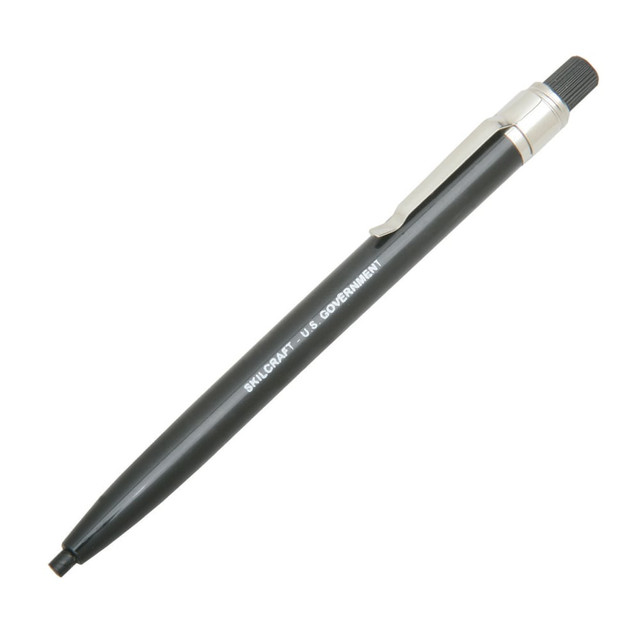 Write on photographs, film, china and other surfaces that pencils are usually unable to write on with this SKILCRAFT mechanical pencil with wax-based lead. The 3mm pencil lead is extra thick, allowing for these unconventional surfaces to be written on.  Features twist-action lead delivery.  Thick, wax-based lead can write on photographs, cellophane, plastic or china.  This 12-pack of pencils features thick, wax-based lead.  Refillable - designed to be used repeatedly, helping you avoid single-use disposables and potentially save money.