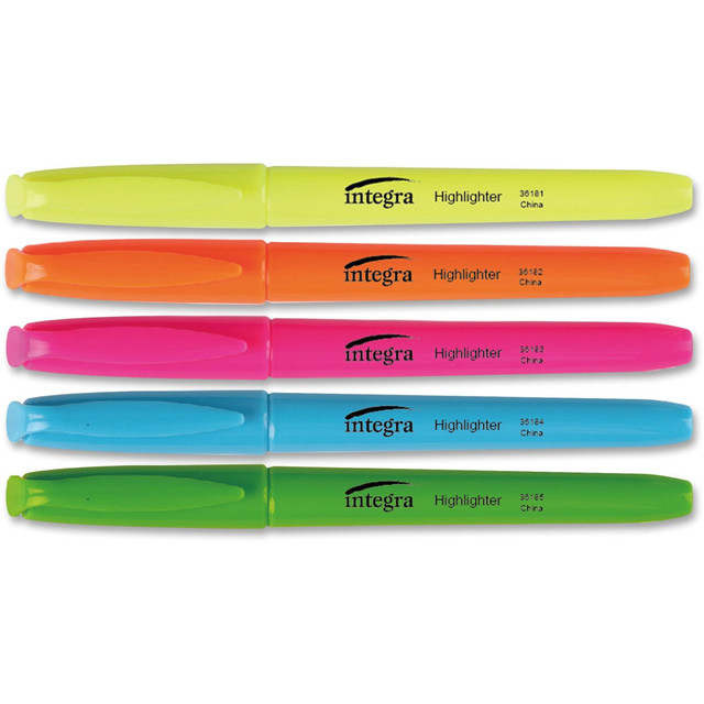 Pen-style highlighters feature fluorescent ink and a chisel tip.  The chisel tip makes wide or narrow lines.  Ink is quick-drying and odorless.