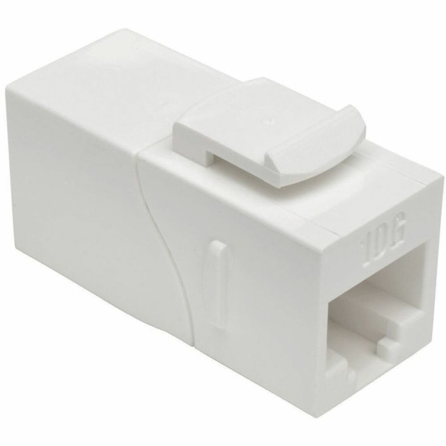 Strengthen your high-speed network with Tripp Lites N235-001-WH-6AD Cat6a Straight-Through Modular Shielded In-Line Snap-In Coupler(F/F). This white coupler connects two Cat6a patch cords to create one longer cable. Its keystone design is perfect for convenient feed-through patching when used with a standard data wallplate(such as Tripp Lites N042-001-WH). One RJ45 port is angled down at a 90-degree angle for easy installation in hard-to-reach spaces. Built for ultra-fast performance, this is an ideal coupler when setting up premise wiring, telecommunications, data networking and Ethernet connections. Compatible with all Cat6a cables, the N235-001-WH-6ADs durable scratch-resistant polycarbonate housing is colored white to blend into any color scheme. This coupler features straight-through wiring and 50-µinch gold-plated contacts designed to resist corrosion. The N235-001-WH-6AD is UL-listed and meets all requirements for EIA/TIA Category 6A compliance. Its also backward compatible with Cat6, Cat5e and Cat5 LANs.   Backward compatible with Cat6, Cat5e and Cat5 LANs  50-µinch gold-plated contacts on RJ45 jacks  Keystone design for use with standard data wallplate  Compatible with all Cat6a cables  90 deg. down-angled RJ45 port for easy installation in tight spaces