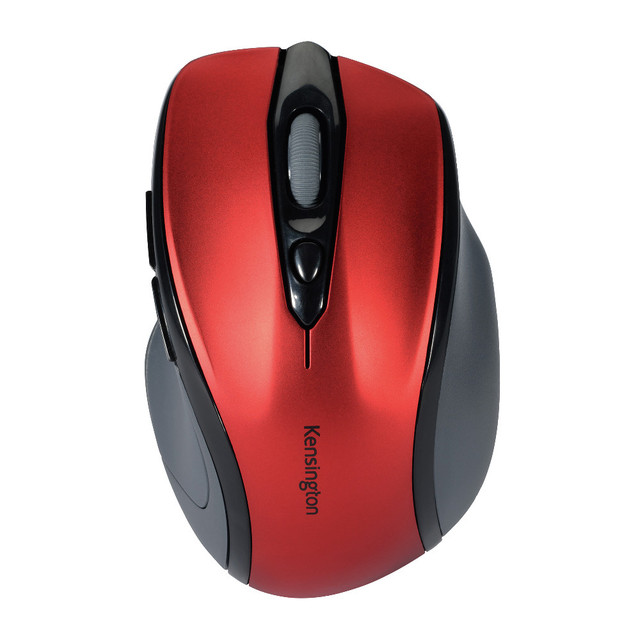 The ergonomic wireless mouse in ruby red provides a comfortable feel during use. This Pro Fit wireless mouse allows you to scroll without having to worry about a cord.  Clutter-free wireless technology with storable nano receiver.  2.4 GHz wireless for long range with minimal interference.  Scroll wheel with middle button and pointer speed quick select.  High-definition optical sensor (1750 dpi) for responsive control.  Requires 2 AAA batteries, which are included.  Backed by the manufacturers limited lifetime warranty.