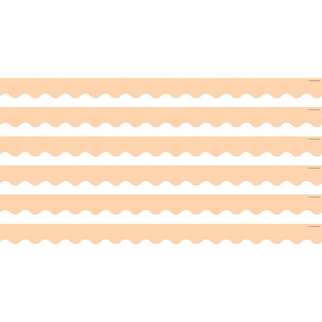 Create a unique bulletin board theme with the Teacher Created Resources Scalloped Border Trim Pack. These vibrant border trim strips are made of acid-free paper and help liven up your classroom.  Scalloped border trim helps liven up any classroom.  Made of acid-free paper.  Creates themes for bulletin boards, walls, windows and projects.  Each peach pack includes 12 pieces, about 35ft.