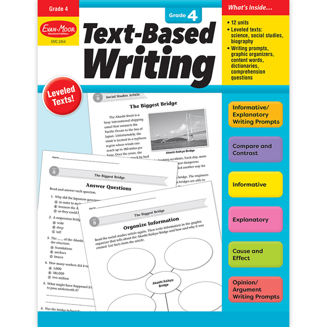 Text-based writing boosts students reading comprehension and writing skills through close examination of texts. The writing activities in this book help students process information, think critically, and use content vocabulary to write about what they have learned.  Leveled texts.  Lessons include nonfiction articles, comprehension questions, content vocabulary, graphic organizers, and writing prompts.  Writing formats include sequence, explanatory, opinion, cause-and-effect, compare-and-contrast, and argument.  144 reproducible pages.