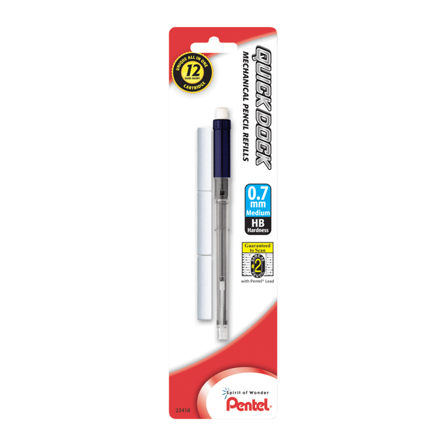 DonT get caught unawares by your next writing assignment. With a Pentel QuickDock refill on hand, you will always be ready to tackle whatever tasks are sent your way. Plus, an eraser is included, so you can clean up your work before turning it in.  Mechanical pencil refill is easy to use - simply pull the cartridge straight out the top and slide a new cartridge in until it snaps.  Twist top of cartridge to advance the eraser, and click the top to advance the lead.  0.7 lead refill fits most 0.7 mm mechanical pencils.