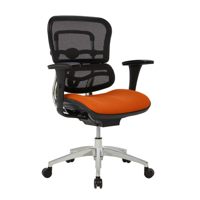 Whether you are working on a long-term project or something quick, the WorkPro 12000 Series Mid-Back Managers Chair delivers the comfort and support needed to get the job done. Lean back in the comfy office chair, which is crafted with a fabric seat for a soft feel and a mesh back, which helps promote airflow to keep you cool. The rugged nylon and aluminum frame offers reliability, while the lumbar feature of the back supports the natural curve of your spine. A waterfall seat cushion helps reduce the stress on your legs and the adjustable height, tilt and padded arms help you find the ideal configuration to suit your needs, so you stay fresh and focused.  Ergonomic design allows for comfort.  Recommended for professional use 8-10 hours per day.  Weight capacity tested to support 275 lb.  Lumbar support.  Waterfall seat cushion.  Nylon and aluminum frame.  Mesh back office chair boasts fabric seat upholstery.  1-touch height adjustment with weight-activated mechanics.  Backrest adjusts in height.  Adjustable tilt angle with tilt lock.  6-position adjustable padded armrests.  Assembly required.  Black mesh back office chair features a tangerine orange seat, black frame and chrome base.  Seat is upholstered with premium fabric - a thicker and heavier woven fabric for added durability.  Backed by the manufacturers limited lifetime warranty.  GREENGUARD certified - certified for low chemical emissions: UL.COM/GG - UL 2818. Ranked in two tiers: Certified and Gold.  ANSI/BIFMA Compliant - This product has been tested and verified for compliance with rigorous performance requirements and safety standards related to specific furniture products.  Less harsh chemicals - made with fewer harsh chemicals, or safer chemicals than typical alternatives, helping  reduce your use of and exposure to substances that may be more harmful to your health and the environment.