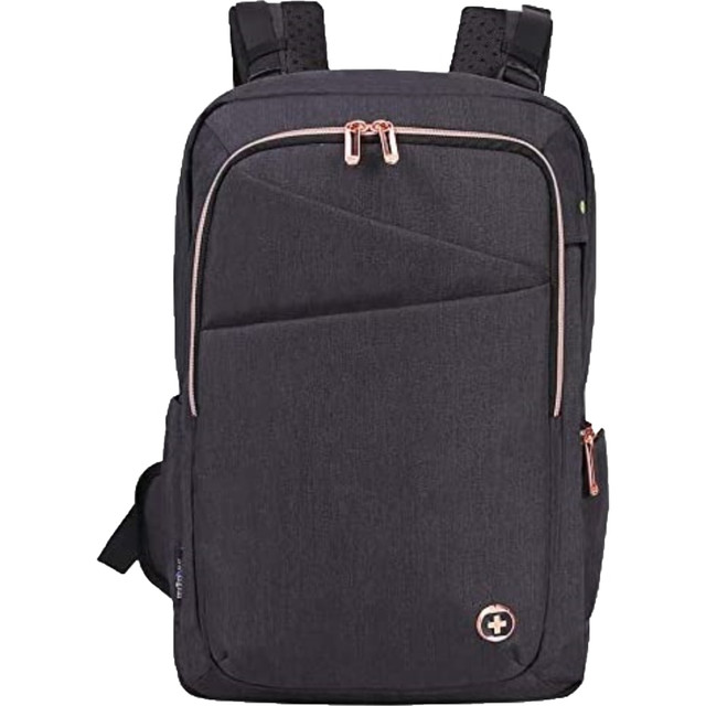 Keep your work essentials organized within the SwissDigital KatyRose Massage Business Backpack With 15.6in Laptop Pocket. A built-in massager helps to relieve tension in your back and shoulders as you head home each day.  Laptop backpack is water-resistant for durability.  Padded laptop section holds a device up to 15.6in.  Padded straps and a reinforced carry handle allow multiple carrying options.  Pre-wired USB on the side panel charges your devices on the go.  Comfortable backpack has built-in massagers powered by an adjustable button.  Includes 5 compartments for ample organization.  Water bottle holder for convenient hydration.  RFID protection pocket helps protect your personal information from being stolen by an RFID scanner.  Luggage belt allows you to pull your suitcase with 1 hand for easy travel.  TSA approved.  Backed by the manufacturer's 2-year limited warranty.