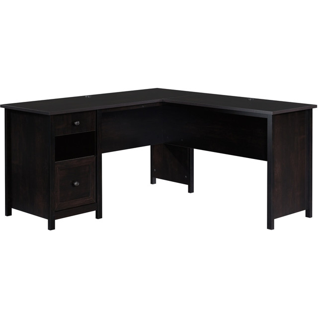 Whether you are working in a traditional office or a home office, the Sauder County Line 61inW L-Shaped Office Desk With File Drawer creates a comfortable work environment for you to tackle your to-do list. The L-shaped desk with storage boasts a spacious desktop to accommodate your laptop, monitor, papers and more. Stash away desktop essentials in the small drawer of the small corner desk, while the file drawer on full-extension slides holds your letter-size hanging files to keep important documents within reach.  Engineered wood construction offers durability.  Open shelf.  Small drawer for pens, notebooks and other essentials. Opens and closes on metal runners and features safety stops.  File drawer with full-extension slides.  Cord management system with 2 desktop grommets.  Large desk (61in wide or larger) - recommended for a professional or commercial office space.  Assembly required.