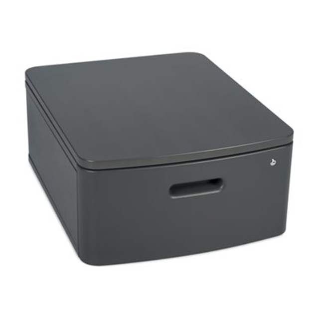 The swivel cabinet provides 10 inches (25.4 cm) of additional height and storage within a small footprint. It has a top with detent positions that hold it in the proper forward or rear-facing position yet can rotate 90 degrees to facilitate access to the product's paper path. This cabinet has a lockable drawer that holds up to 3 reams of letter or A4 sized paper, or other supply items such as a toner cartridge carton.