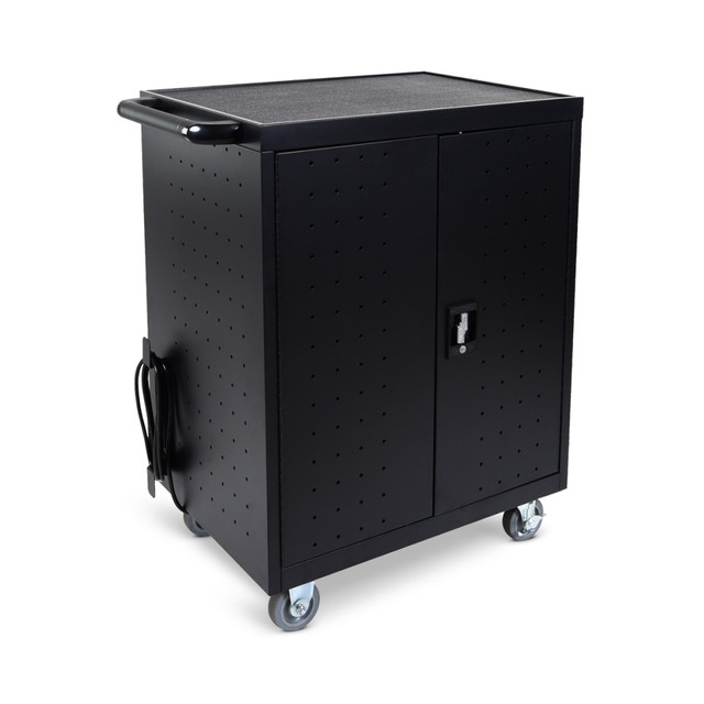 Charge and store your classroom laptops using the Luxor 32-Device Charging Cart With Timer. The rubber-coated dividers help to protect and organize laptops. Its locking doors help prevent tampering.  Durable steel laptop cart with a padded top surface.  Charges and stores up to 32 laptops or Chromebooks with displays up to 17in.  ETL listed charging timer helps prevent circuit overloads.  Rubber-coated dividers help protect equipment.  Bottom shelf offers extra storage.  Front and rear access doors lock for security. Includes 2 keys.  Rolling cart boasts 4 non-marring casters, 2 with locking brakes.  Includes 2 UL listed 16-outlet vertical power strips.  Side cord wrap helps to reduce clutter.  Weight capacity tested to support 300 lb.  Assembly required.  Backed by the manufacturer's limited lifetime warranty.  This product is heavy and/or oversized and may need more than one person to handle.